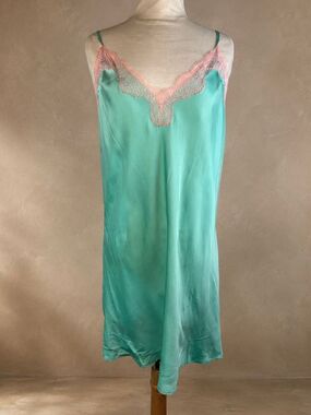 Victoria’s Secret Large Satin Lace Chemise Nightgown Aqua Pink Slip Dress